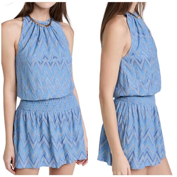 NWT Ramy Brook Blue Chevron Smocked Mini Dress Halterneck Size L - Picture 6 of 10